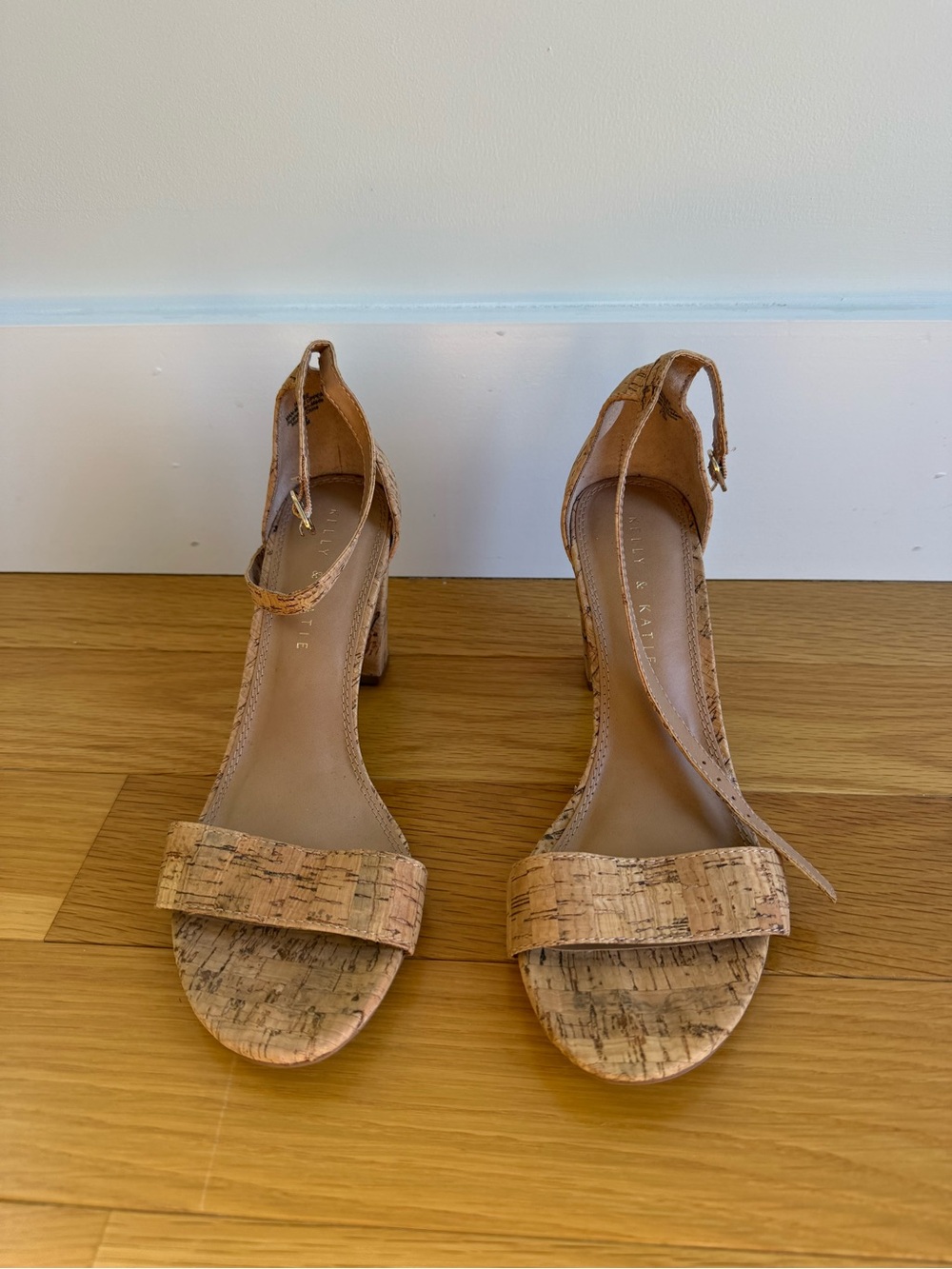 Kelly & Katie Cork-Look Ankle Strap Block Heels in Tan